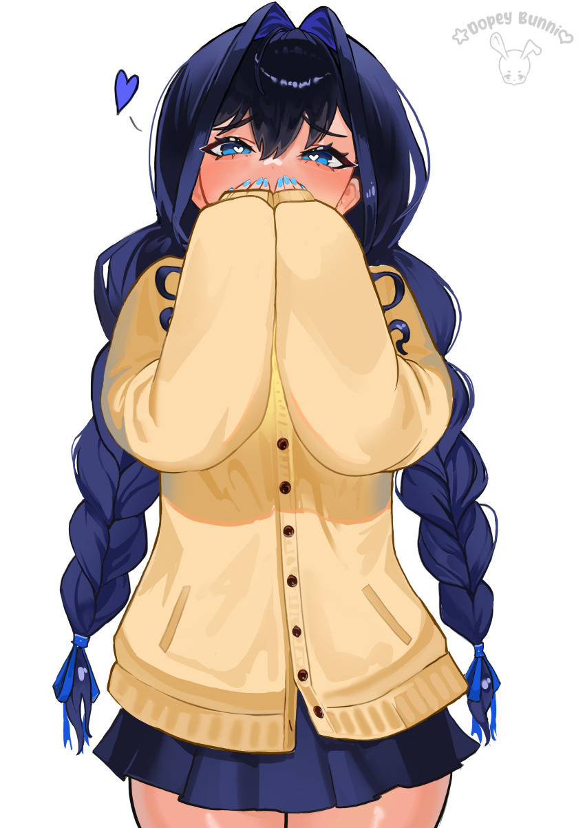 1girl absurdres artist_name blue_eyes blue_hair blue_ribbon blue_skirt braid cardigan commentary covering_own_mouth dopeybunni english_commentary hair_intakes hair_ribbon heart heart-shaped_pupils highres hololive hololive_english long_hair looking_at_viewer low_twin_braids ouro_kronii pleated_skirt ribbon school_uniform simple_background skirt sleeves_past_wrists solo symbol-shaped_pupils twin_braids virtual_youtuber white_background yellow_cardigan