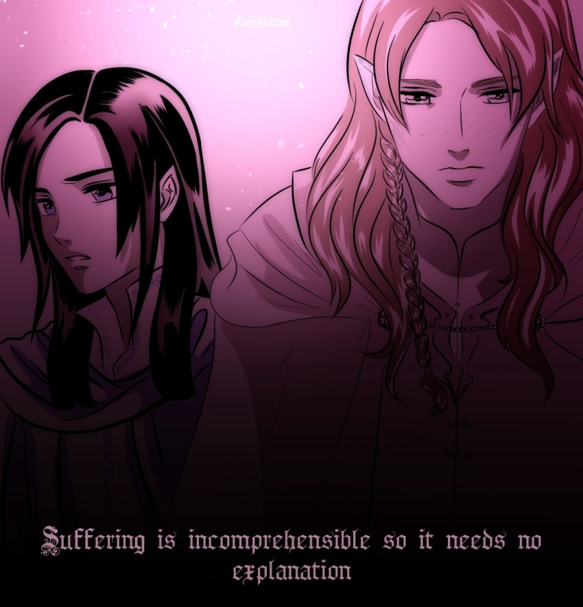 androgynous artist_name black_hair braid brothers cinemairon closed_mouth collar elf english_text freckles height_difference long_hair looking_to_the_side maedhros maglor orange_hair parted_lips pointy_ears prince siblings teeth the_silmarillion tolkien&#039;s_legendarium upper_body