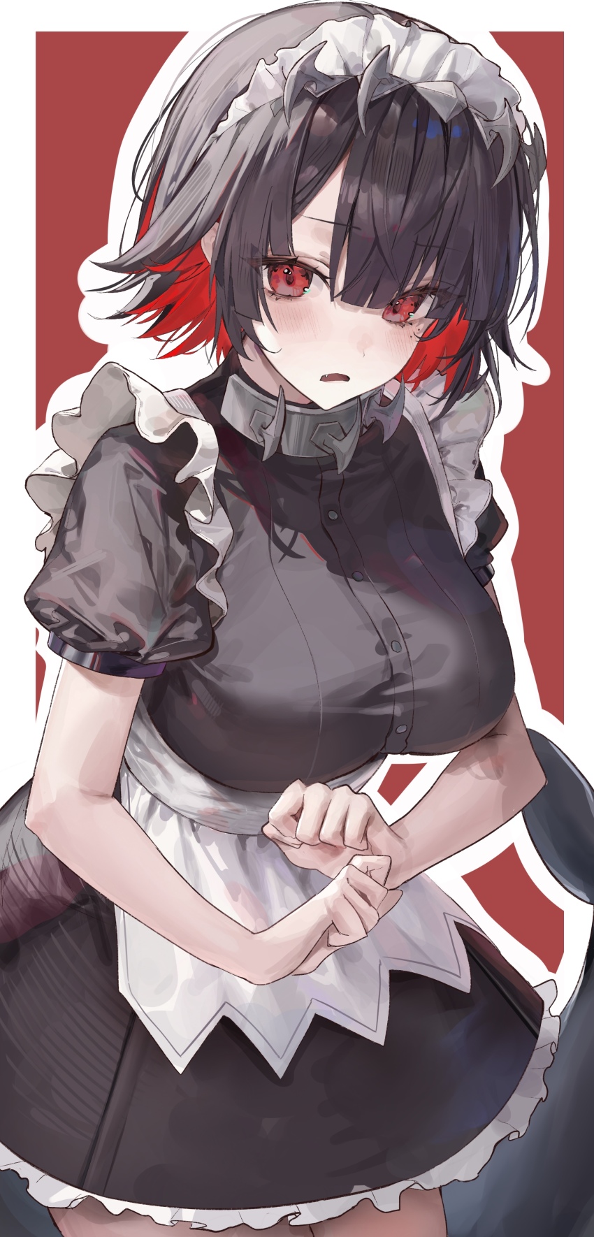 1girl absurdres black_dress black_skirt breasts colored_inner_hair commentary dress ellen_joe fang fins fish_tail frilled_dress frills highres kabi_(zcwd8845) large_breasts looking_at_viewer maid maid_headdress multicolored_hair open_mouth red_background red_eyes red_hair shark_girl shark_tail short_hair short_sleeves skirt tail thighs two-tone_hair zenless_zone_zero
