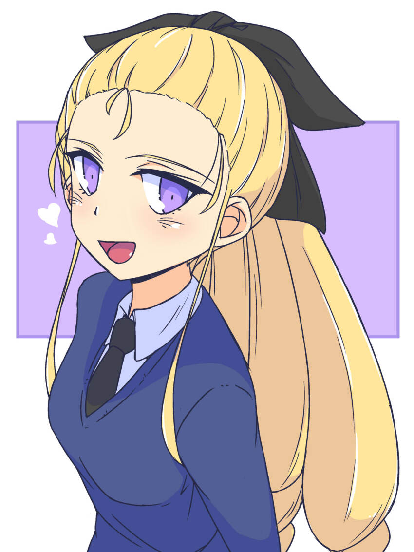 1girl assam_(girls_und_panzer) black_necktie black_ribbon blonde_hair blue_sweater commentary dress_shirt girls_und_panzer hair_pulled_back hair_ribbon heart highres long_hair long_sleeves looking_at_viewer necktie open_mouth purple_eyes renshiu ribbon school_uniform shirt smile solo st._gloriana&#039;s_school_uniform sweater upper_body v-neck white_shirt wing_collar