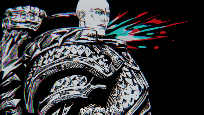 1boy alpha_legion alpharius_omegon armor artist_name bald black_background blood blood_from_mouth blood_from_neck blood_splatter blurry breastplate chromatic_aberration commentary death depth_of_field dying english_commentary full_armor ginias highres male_focus open_mouth pauldrons power_armor primarch rerebrace scale_armor shoulder_armor simple_background slit_throat solo the_pythian_scales upper_body warhammer_40k watermark weibo_watermark