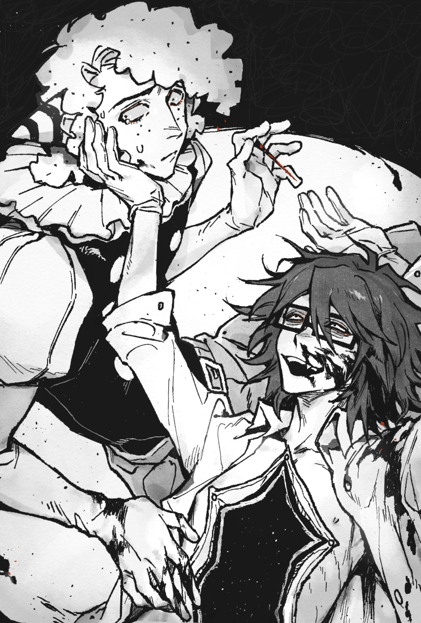 2boys arm_up blood blood_on_face blood_on_hands chinese_commentary clown commentary_request fang freckles glasses gloves heizuo955 highres holding holding_nail juliet_sleeves long_sleeves male_focus multiple_boys nail_(hardware) puffy_sleeves randal&#039;s_friends randal_ivory sebastian_de_tomato_smith_chicken_legs shirt short_hair spot_color tearing_up vivisection