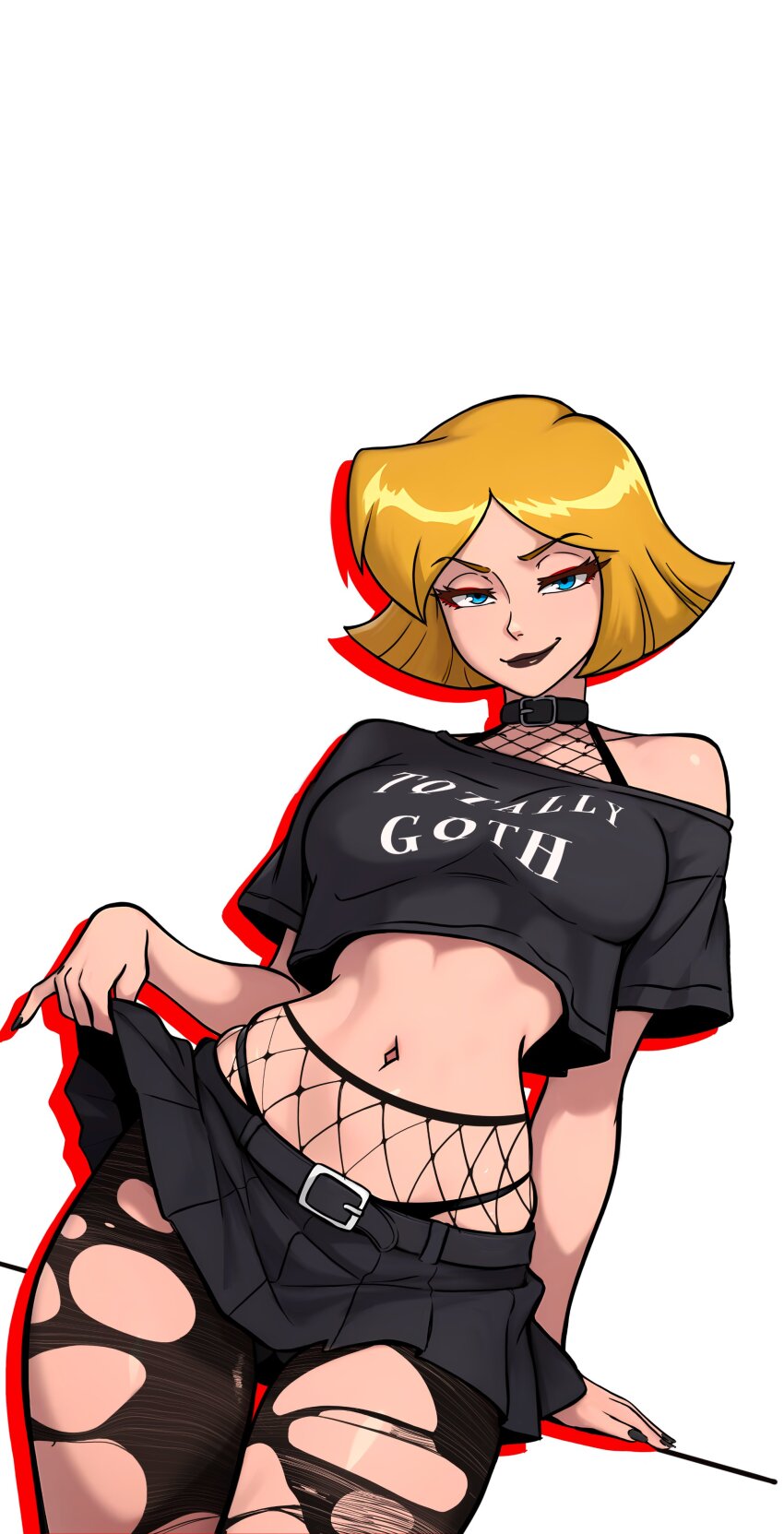 belt belt_buckle black_lips black_nails black_shirt black_skirt blonde_hair blue_eyes breasts buckle chocker clothes_lift clothes_writing clover_(totally_spies) crop_top fishnets frilled_skirt frills goth_fashion highres leaning_on_object leaning_to_the_side looking_at_viewer medium_breasts midriff nail_polish navel outline red_outline shirt short_hair skirt skirt_lift smile torn_clothes torn_legwear totally_spies wide_hips