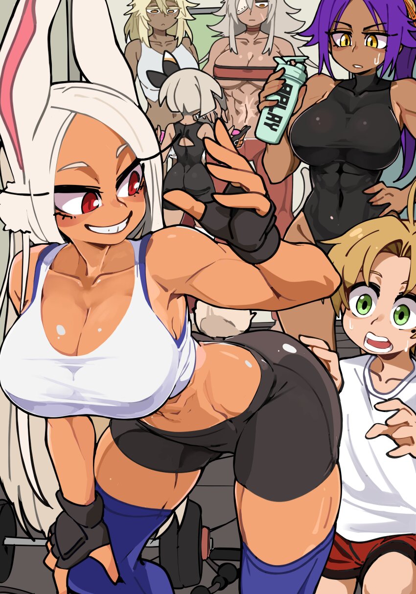 1boy 5girls :&lt; :| abs absurdres animal_ears artist_name ass bandeau bare_arms bare_shoulders bea_(pokemon) bike_shorts black_gloves black_leotard bleach blonde_hair blush boku_no_hero_academia bongfill bottle bow_hairband breasts choker cleavage closed_mouth clothing_cutout collarbone commentary covered_abs covered_collarbone covered_navel creatures_(company) crossover dark-skinned_female dark_skin dumbbell english_commentary eyepatch facial_scar fingerless_gloves game_freak ghislaine_dedoldia gloves grey_hair grin guilty_gear guilty_gear_xrd gym hair_between_eyes hairband hand_on_own_hip hand_on_own_knee hand_up highleg highleg_leotard highres holding holding_bottle large_breasts leaning_forward leotard long_eyelashes long_hair looking_at_another midriff mirko multiple_girls muscular muscular_female mushoku_tensei navel nintendo orange_eyes pants parted_bangs parted_lips pokemon pokemon_swsh ponytail purple_hair purple_thighhighs rabbit_ears rabbit_girl rabbit_tail ramlethal_valentine red_bandeau red_choker red_eyes red_pants red_shorts rudeus_greyrat scar scar_on_cheek scar_on_face scar_on_stomach shihouin_yoruichi shirt short_hair shorts sleeveless_turtleneck_leotard smile sports_bra stomach sweatdrop tail tail_through_clothes thighhighs thighs toned toned_female trait_connection underboob very_long_hair water_bottle weights white_hair white_shirt white_sports_bra workout_clothes yellow_eyes yoga_pants