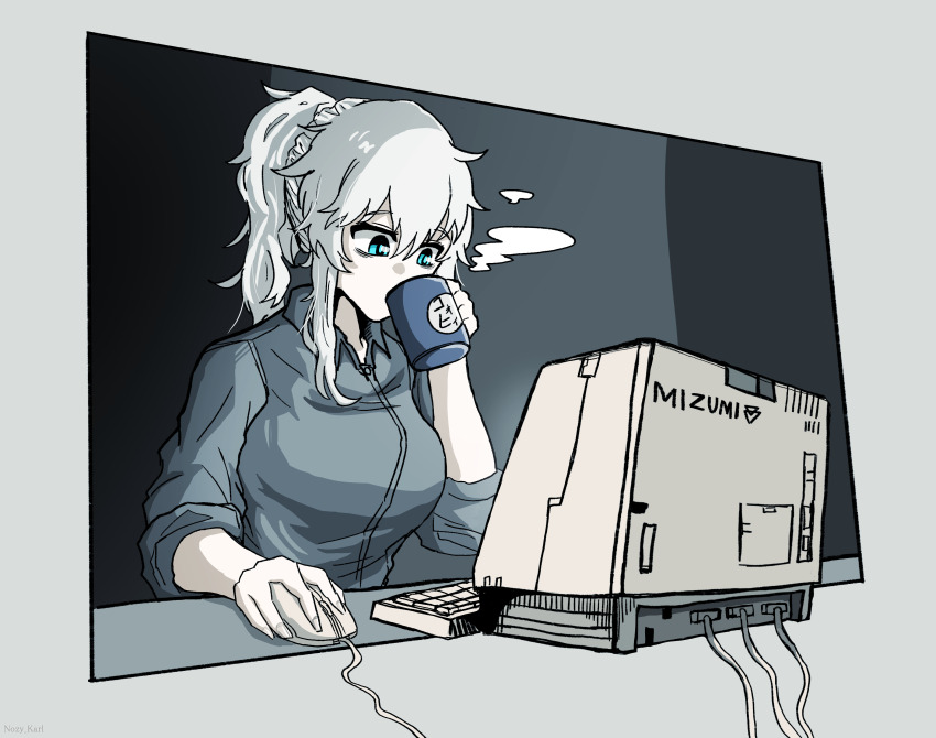 1girl absurdres at_computer blue_eyes breasts chair coffee coffee_mug collared_shirt computer computer_keyboard computer_mouse cup drinking formal_clothes hair_between_eyes highres holding holding_cup long_hair long_sleeves monitor mug nozy_karl office office_lady on_chair original shirt shirt_tucked_in simple_background solo