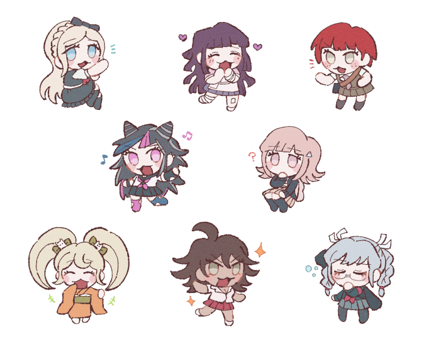 30en_(esx5g) 6+girls :d ? alternate_hair_ornament black_bow black_hair black_pantyhose black_thighhighs blonde_hair blue_hair blush bow braid brown_hair cat_hair_ornament danganronpa_(series) danganronpa_2:_goodbye_despair dark-skinned_female dark_skin dress green_bow grey_hair hair_bow hair_ornament hair_ribbon heart jacket japanese_clothes jewelry kimono koizumi_mahiru long_hair medium_hair mioda_ibuki multicolored_hair multiple_girls musical_note nanami_chiaki necktie notice_lines open_mouth orange_kimono owari_akane pantyhose pekoyama_peko pink_hair puffy_sleeves red_hair ribbon saionji_hiyoko shirt short_hair short_sleeves skirt smile sonia_nevermind teeth thighhighs triangle_hair_ornament tsumiki_mikan twin_braids twintails white_ribbon white_shirt