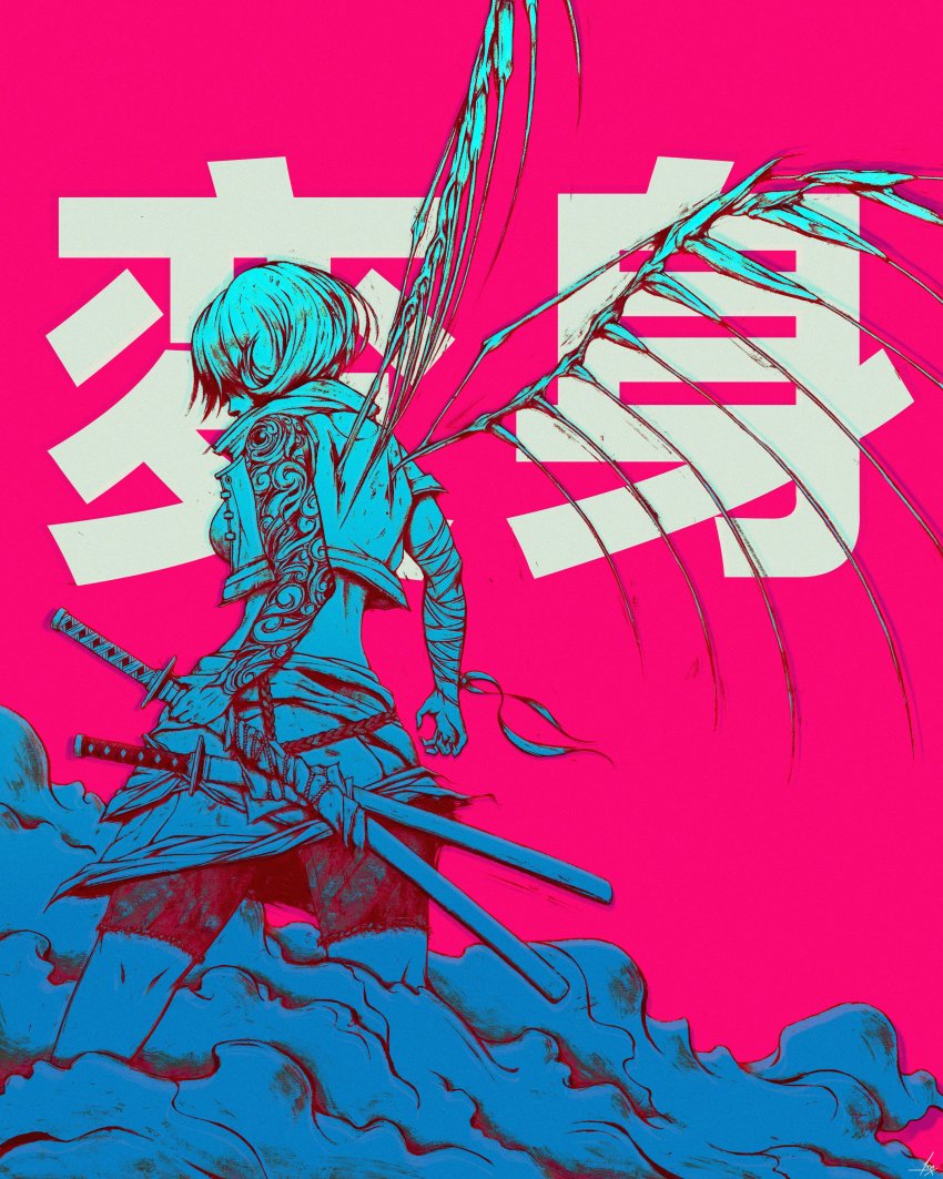 absurdres akramness bandaged_arm bandages bone contemporary crop_top cropped_jacket fog highres japanese_text katana midriff neon_lights original pink_sky samurai scabbard sheath shorts skeletal_wings sky sword synthwave tagme tattoo arm_tattoo translation_request weapon wings