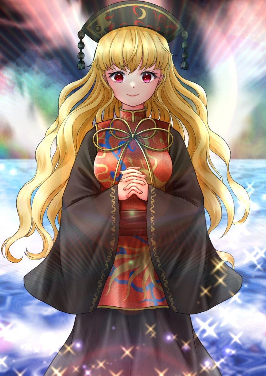 1girl animal_print belt bird_print black_dress black_hat black_sky blonde_hair blush bow bowtie breasts brown_belt chinese_clothes closed_mouth crescent crescent_print dress earth_(planet) fingernails hair_between_eyes hands_up hat highres junko_(touhou) junko_day kyabekko large_breasts long_fingernails long_hair long_sleeves looking_at_viewer mandarin_collar nail_polish ocean own_hands_together phoenix_crown phoenix_print pink_nails planet pom_pom_(clothes) red_eyes red_tabard sky smile solo space sparkle standing tabard touhou water wavy_hair wide_sleeves yellow_bow yellow_bowtie