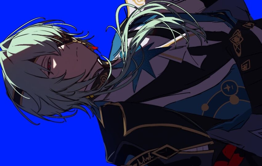 1boy anaxa_(honkai:_star_rail) aqua_hair ascot black_jacket blue_background blue_eyes closed_mouth eyepatch hair_between_eyes honkai:_star_rail honkai_(series) jacket lapels looking_at_viewer male_focus mandarin_collar medium_hair multicolored_eyes notched_lapels one_eye_covered oull pink_eyes pink_pupils side_ponytail sideways simple_background solo two-tone_eyes upper_body white_ascot