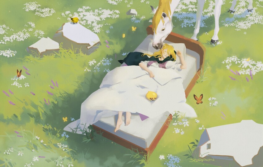 1girl 2others artist_name barefoot bed bird blanket blonde_hair bug butterfly cloak closed_eyes feet flower from_above grass highres horse insect lying multiple_others nintendo on_back on_bed pillow pointy_ears princess_zelda rock serain sleeping the_legend_of_zelda the_legend_of_zelda:_echoes_of_wisdom tri_(zelda) under_covers