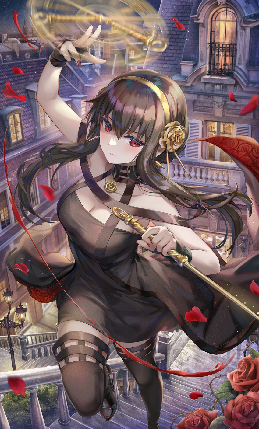 1girl bare_shoulders black_dress black_gloves black_hair black_thighhighs blood blush boots breasts building city_lights cleavage closed_mouth collarbone dagger dress dual_wielding duplicate earrings fingerless_gloves floating_hair flower foot_out_of_frame gloves gold_hairband hair_flower hair_ornament hairband high_heel_boots high_heels highres holding holding_dagger holding_knife holding_weapon jewelry knife lamppost large_breasts long_hair looking_at_viewer medium_breasts nail_polish night night_sky petals pixel-perfect_duplicate red_eyes red_flower red_nails red_rose rooftop rose rose_petals sidelocks sky solo spikes spinning spy_x_family stairs thigh_boots thighhighs thorns torino_aqua undefined weapon window yor_briar