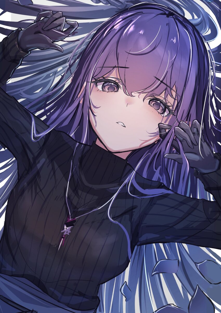 1girl asahina_mafuyu black_gloves black_sweater breasts gloves hair_between_eyes highres jewelry long_hair long_sleeves looking_at_viewer lying medium_breasts necklace on_back parted_lips project_sekai purple_eyes purple_hair ribbed_sweater shiromeshi0012 skirt solo sweater turtleneck turtleneck_sweater upper_body very_long_hair