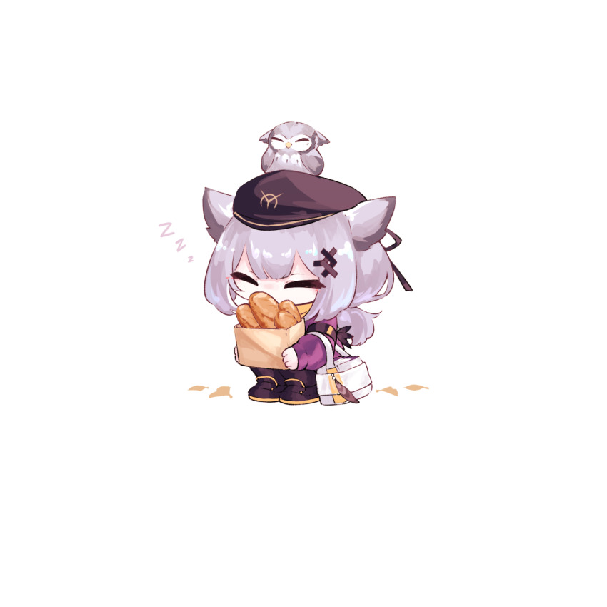 1girl animal animal_on_head arknights bag baguette bird bird_on_head black_footwear black_hat bread chibi food hat highres holding holding_bag jacket long_hair long_sleeves low_twintails nazo_no_hana official_alternate_costume on_head owl owl_ears paper_bag ptilopsis_(arknights) ptilopsis_(serenity)_(arknights) purple_jacket short_twintails simple_background sleeping solo squatting twintails white_background zzz
