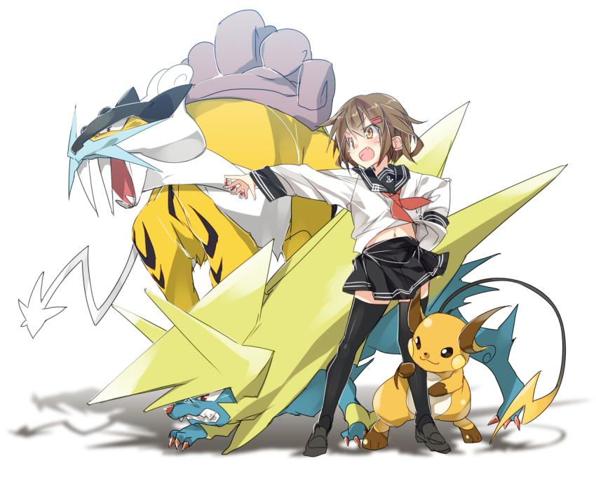 &gt;:d 10s 1girl :d brown_eyes brown_hair crossover fang gen_1_pokemon gen_2_pokemon gen_3_pokemon hair_ornament hairclip ikazuchi_(kancolle) kantai_collection legendary_pokemon manectric mega_manectric mega_pokemon midriff mtu_(orewamuzituda) navel neckerchief nintendo open_mouth pleated_skirt poke_ball pokemon pokemon_(creature) raichu raikou school_uniform serafuku shoes short_hair simple_background skirt smile thighhighs v-shaped_eyebrows