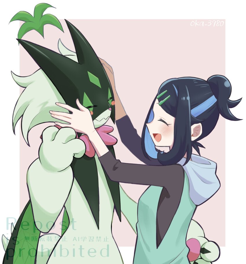 1girl black_hair black_shirt blue_hair blue_hoodie blush closed_eyes colored_inner_hair cowlick eyelashes hair_ornament hairclip highres holding holding_pokemon hood hoodie liko_(pokemon) long_sleeves meowscarada multicolored_hair nintendo oka_3776 open_mouth pokemon pokemon_(anime) pokemon_(creature) pokemon_horizons shirt smile