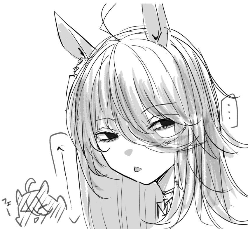 ... 1girl ahoge animal_ears bags_under_eyes chibi chibi_inset ear_tag earrings expressionless greyscale hair_between_eyes half-closed_eyes highres horse_ears horse_girl jewelry kawamochi_(tddm3573) long_bangs long_hair long_hair_between_eyes manhattan_cafe_(umamusume) monochrome sidelocks simple_background single_earring solo speech_bubble sunday_silence_(racehorse) tongue tongue_out umamusume white_background
