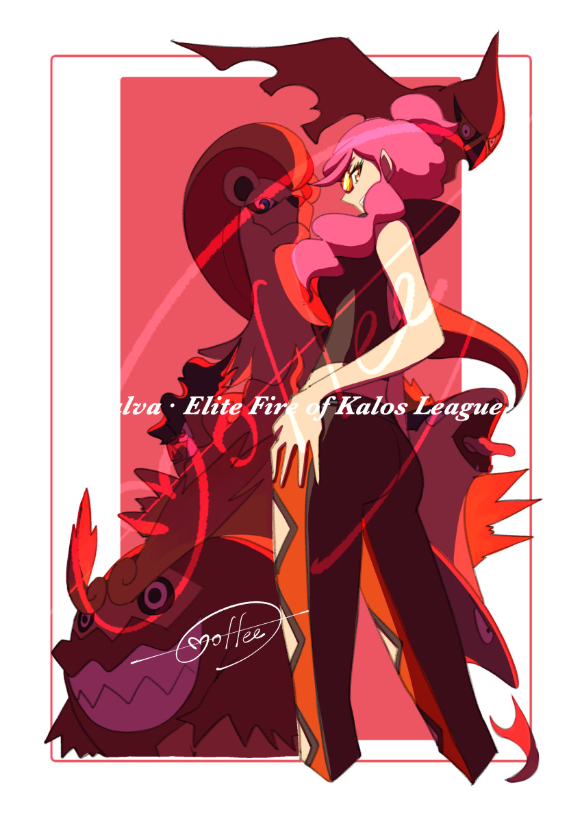 1girl absurdres ass border cccacademia character_name darmanitan emboar eyelashes gen_2_pokemon gen_5_pokemon gen_6_pokemon hand_on_own_hip heatmor highres malva_(pokemon) mixed-language_commentary nintendo orange_eyes pants pink_hair pokemon pokemon_(creature) pokemon_xy pyroar shirt sidelocks signature sleeveless sleeveless_shirt sunglasses talonflame teeth typhlosion white_border