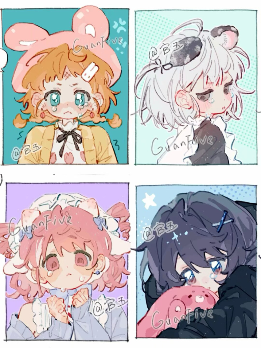 2girls animal bad_tag black_eyes cat guanfive hat highres holding mole multiple_girls non-web_source sample_watermark sleeveless watermark