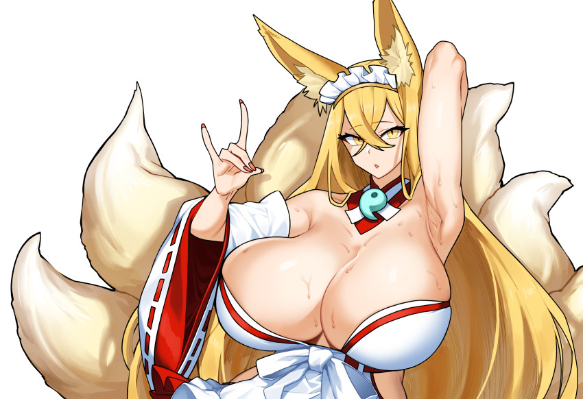 1girl absurdres animal_ears apron armpit_crease armpits bare_shoulders blonde_hair breasts cleavage crossed_bangs detached_sleeves fox_ears fox_girl fox_tail grey_background highres hirume_of_heavenly_incense huge_breasts kinnexs kitsune kyuubi last_origin long_hair looking_at_viewer maid_apron multiple_tails nontraditional_miko presenting_armpit sweat tail transparent_background very_long_hair yellow_eyes