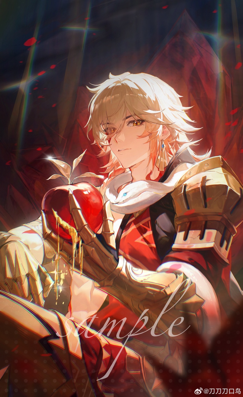 1boy absurdres apple armlet armor bare_pectorals black_coat blonde_hair braid chest_tattoo chinese_commentary clawed_gauntlets coat commentary_request commission daokouniao earrings facial_tattoo food fruit gold_armlet gold_earrings gradient_hair hair_between_eyes highres holding holding_food holding_fruit honkai:_star_rail honkai_(series) jewelry liquid_gold looking_at_viewer male_focus medium_hair multicolored_hair mydei_(honkai:_star_rail) open_clothes open_coat pauldrons pectorals red_hair red_tattoo sample_watermark shoulder_armor side_braid single_pauldron snake snake_on_shoulder solo tattoo toned toned_male watermark weibo_watermark yellow_eyes