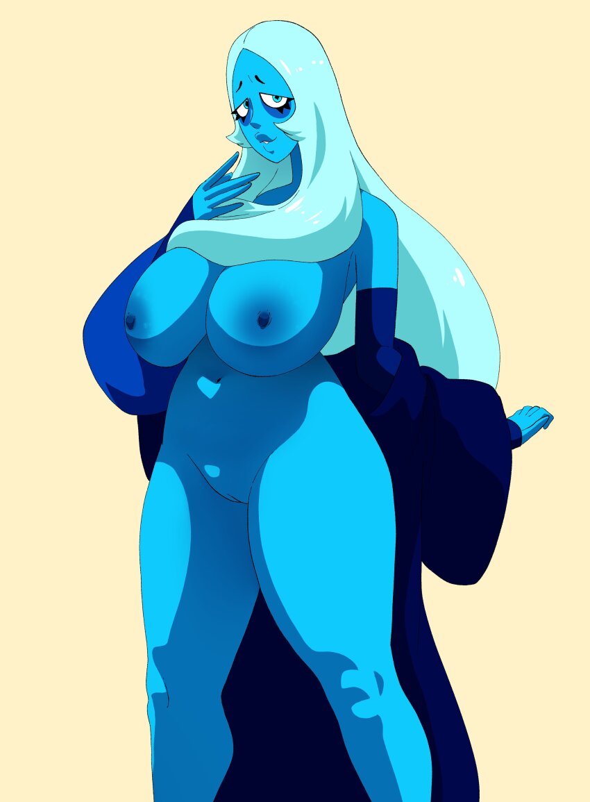 1girl absurdres blue_diamond_(steven_universe) blue_eyes blue_hair blue_nipples blue_skin breasts colored_nipples colored_skin highres inker_comics large_breasts long_hair looking_at_viewer nude pussy simple_background solo steven_universe thick_thighs thighs yellow_background