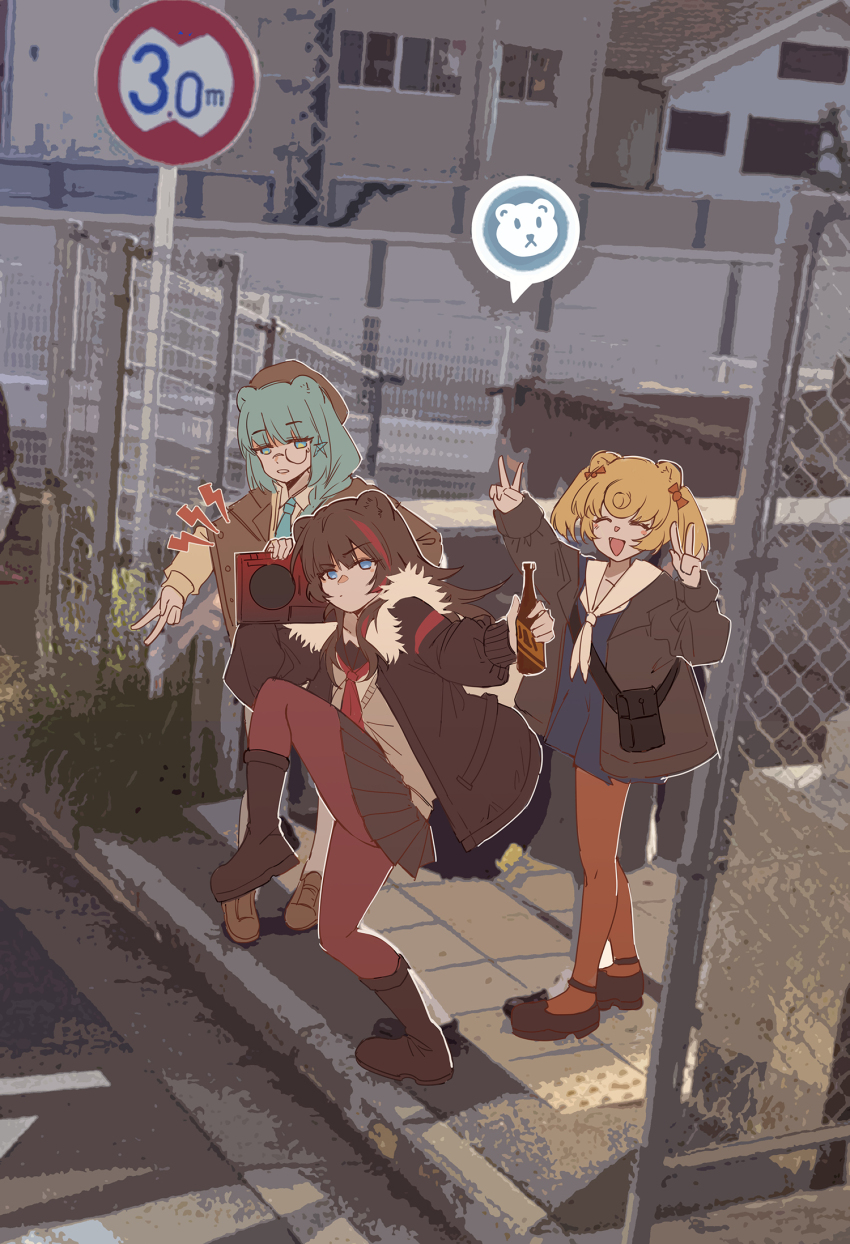 3girls animal_ears arknights bear_ears bear_girl beer_bottle beret blonde_hair blue_eyes blue_hair bottle brown_hair closed_eyes closed_mouth day double_v gummy_(arknights) hat high_school_girls_posing_for_google_street_view_(meme) highres holding holding_boombox holding_bottle hongbaise_raw istina_(arknights) jacket long_hair long_sleeves looking_at_viewer meme multicolored_hair multiple_girls open_mouth orange_pantyhose outdoors pantyhose photo-referenced pleated_skirt red_hair red_pantyhose round_eyewear semi-rimless_eyewear skirt standing standing_on_one_leg streaked_hair sweater v zima_(arknights)