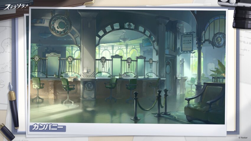 analog_clock bank camera chair clock commentary_request copyright_name copyright_notice couch highres indoors nib_pen_(object) no_humans office_chair official_art pen scenery sign stella_sora swivel_chair translation_request