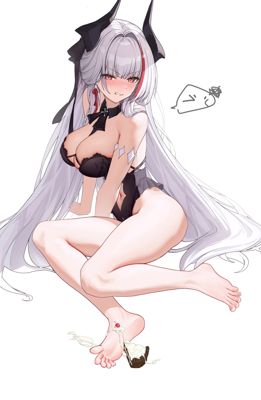 1girl absurdres admiral_zenker_(azur_lane) alternate_costume ass azur_lane barefoot black_horns black_one-piece_swimsuit blush breasts cake cake_slice cherry clenched_teeth clothing_cutout cream food fruit hair_intakes highres horns large_breasts long_hair multicolored_hair navel navel_cutout ningri_(lianyungangwyz) one-piece_swimsuit orange_eyes red_hair simple_background sitting solo streaked_hair striped_clothes swimsuit teeth toes two-tone_hair vertical-striped_clothes white_background white_hair yokozuwari
