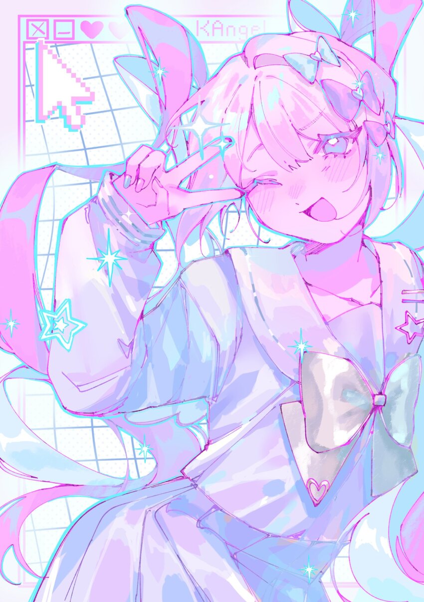 1girl :d blonde_hair blue_bow blue_eyes blue_hair blue_nails blue_shirt blue_skirt blush bow chouzetsusaikawa_tenshi-chan commentary cursor hair_bow hair_ornament hand_up heart heart_hair_ornament highres long_hair long_sleeves looking_at_viewer multicolored_hair multicolored_nails multiple_hair_bows myun_(myun_art) needy_girl_overdose one_eye_closed open_mouth pastel_colors pink_bow pink_hair pink_nails pleated_skirt purple_bow quad_tails sailor_collar school_uniform serafuku shirt skirt smile solo sparkle twintails v v_over_eye very_long_hair window_(computing)