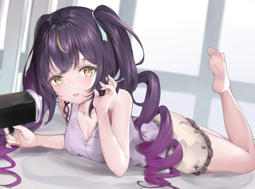 1girl alternate_costume alternate_hairstyle asmr barefoot binaural_microphone blonde_hair bloomers blue_ribbon blush breasts brown_bloomers collarbone commentary drill_hair english_commentary foot_up frilled_bloomers gradient_hair hair_ribbon highres holding holding_microphone ichiyo_tsuyu_(glacia_glagla) lua_asuka microphone multicolored_hair production_kawaii purple_hair ribbon second-party_source solo streaked_hair twin_drills underwear virtual_youtuber yellow_eyes