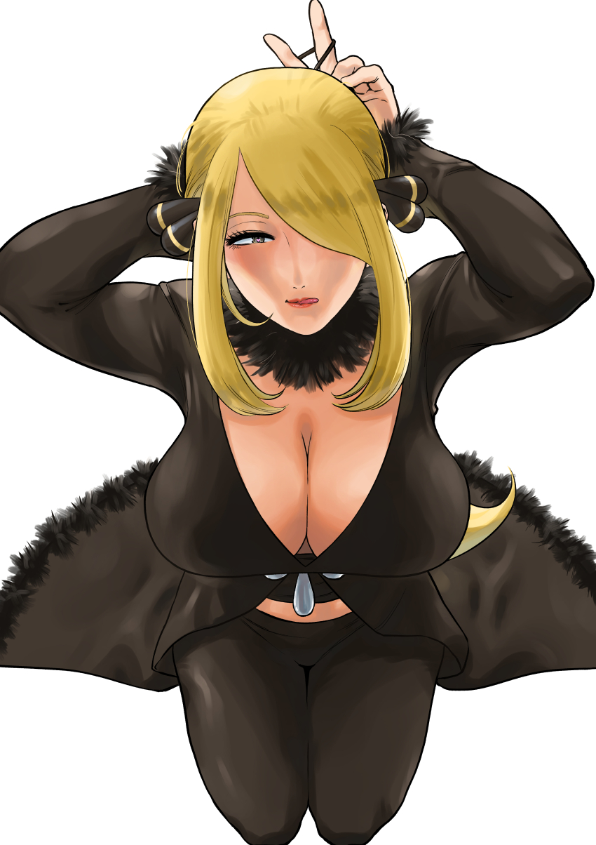 1girl absurdres arms_up black_pants blonde_hair breasts cleavage coat cynthia_(pokemon) fur-trimmed_coat fur_collar fur_trim game_freak grey_eyes hair_ornament hair_over_one_eye heart heart-shaped_pupils highres large_breasts licking_lips long_bangs nintendo pants pokemon pokemon_dppt pov revision sexually_suggestive sidelocks simple_background solo symbol-shaped_pupils tongue tongue_out tying_hair wasabishouyu white_background