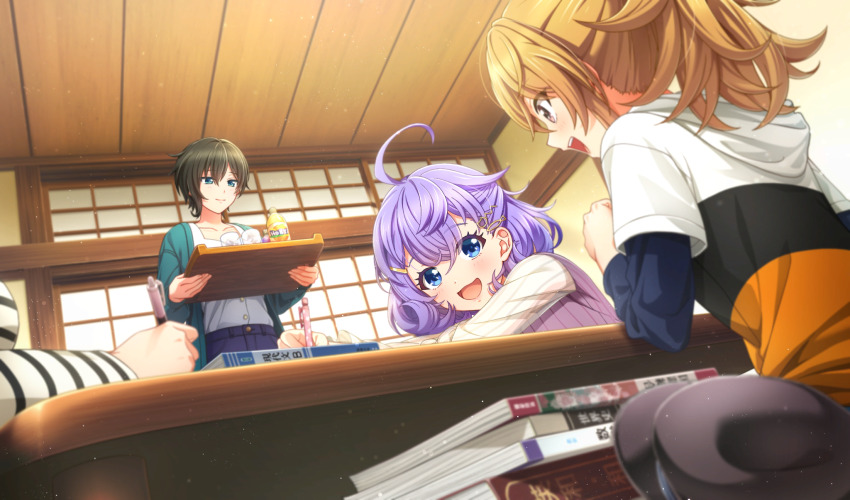 4girls :d ahoge asada_aoi black_hair black_hat blonde_hair blue_eyes blue_pants blue_shirt blurry book brown_eyes cinderella_series closed_mouth cup curly_hair depth_of_field drinking_glass dutch_angle eye_contact from_below game_cg green_jacket hachigatsu_no_cinderella_nine hair_ornament hairclip hat high_ponytail highres holding holding_pencil holding_tray hood hoodie indoors iwaki_yoshimi jacket layered_sleeves long_sleeves looking_at_another mechanical_pencil multicolored_hoodie multiple_girls non-web_source official_alternate_hairstyle official_art open_mouth pants pencil ponytail purple_hair shirt short_hair short_over_long_sleeves short_sleeves shouji sitting sliding_doors smile striped_clothes striped_shirt teeth tray tsukumo_kana unworn_headwear upper_teeth_only white_shirt