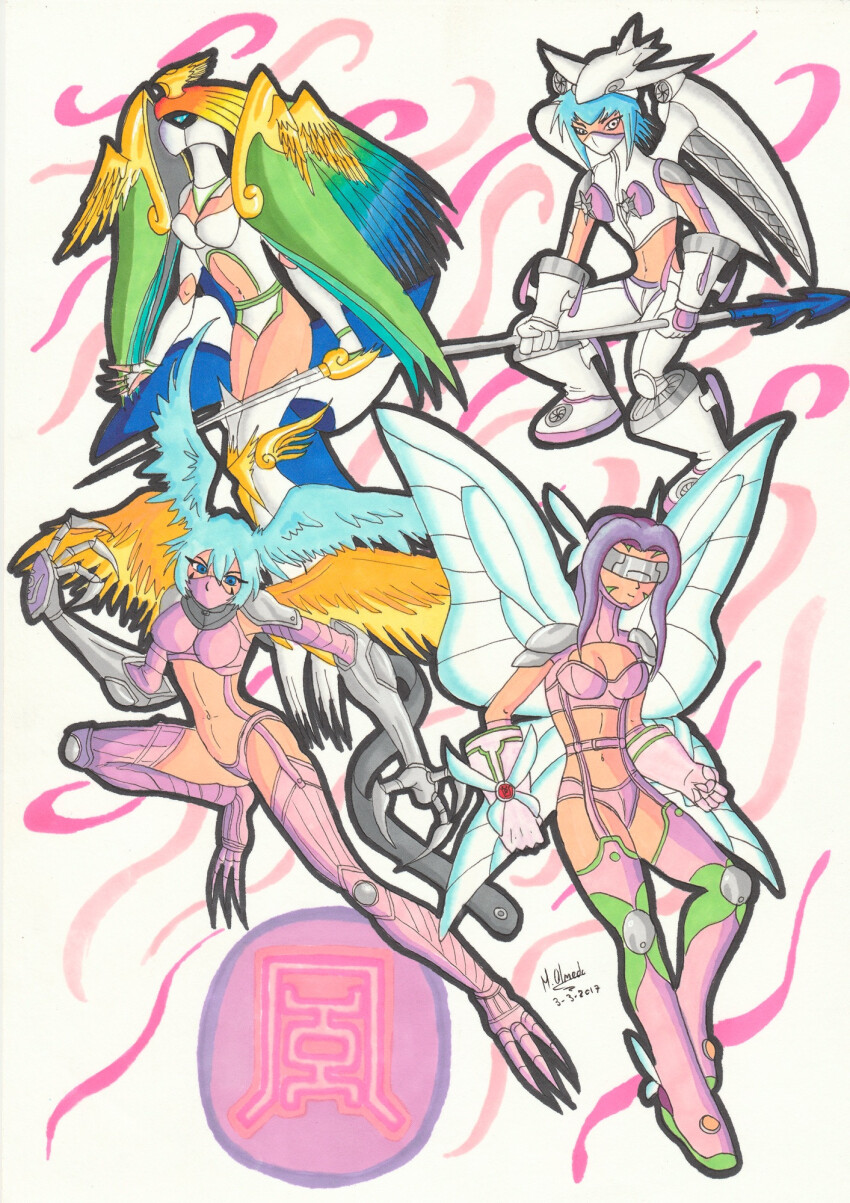 aircraft airplane ancientirismon armor blue_eyes digimon digimon_(creature) digimon_frontier fairimon gloves head_wings highres jetsilphymon long_hair mask multicolored_hair rainbow_gradient short_hair shutumon ten_legendary_warriors wings