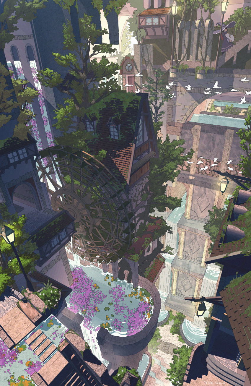 absurdres bird chinese_commentary cobblestone commentary_request day flock flower highres house lantern no_humans original outdoors overgrown purple_flower scenery stairs tree water water_wheel waterfall white_bird yuk49
