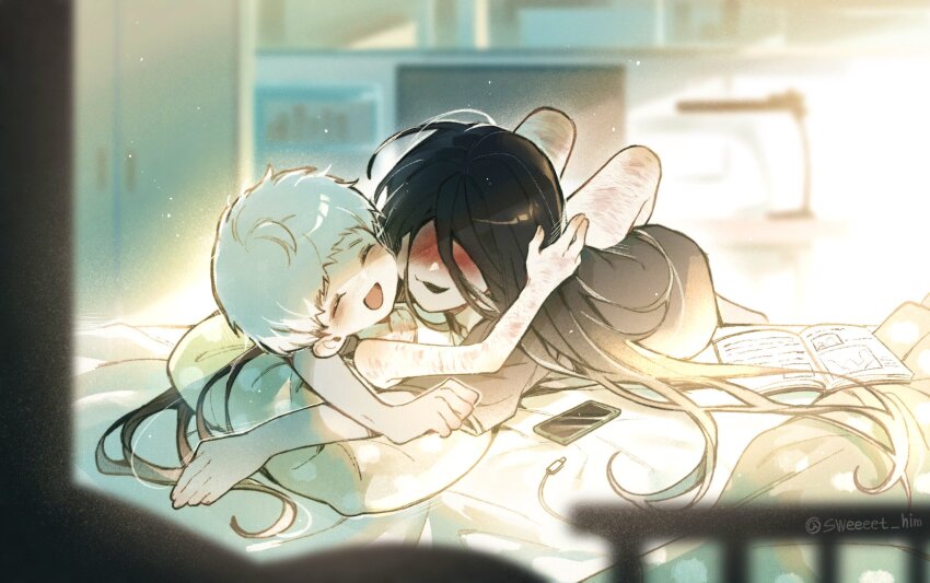 1boy 1girl black_hair black_kimono blood blood_on_face book cellphone charger closed_eyes full_body heroine_(homicipher) hetero highres homicipher hug indoors japanese_clothes kimono long_hair mr._crawling mutual_hug on_bed phone pillow short_hair smartphone sunlight sweeeet_him tank_top very_long_hair white_hair white_tank_top