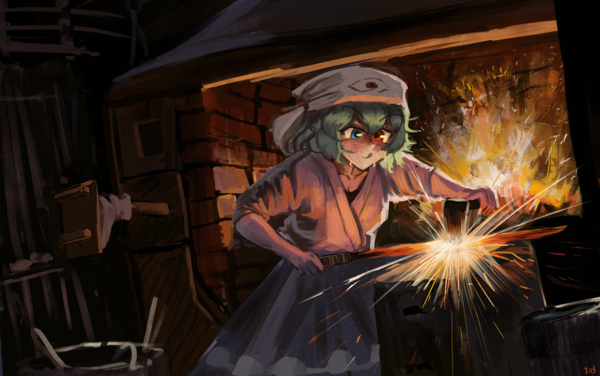 103anon 1girl alternate_costume blue_eyes blue_hair blue_skirt commentary english_commentary furnace geta heterochromia highres indoors japanese_clothes kimono red_eyes short_hair skirt solo tatara_kogasa touhou white_kimono