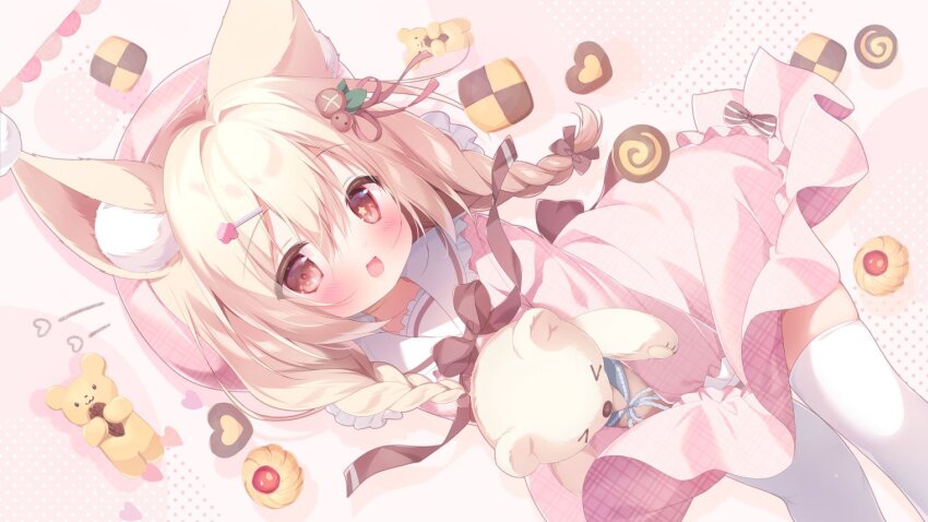 +_+ :d animal_ear_fluff animal_ears beret blush bow braid brown_bow brown_eyes brown_hair checkerboard_cookie commentary cookie dress food frilled_sailor_collar frills hair_between_eyes hair_bow hair_ornament hairclip hat hugging_object long_hair looking_at_viewer low_twintails open_mouth original pink_background pink_dress pink_hat piyodera_mucha plaid_clothes plaid_dress plaid_headwear sailor_collar sailor_dress skindentation smile string_of_flags stuffed_animal stuffed_toy symbol-only_commentary teddy_bear thighhighs twin_braids twintails unmoving_pattern white_sailor_collar white_thighhighs