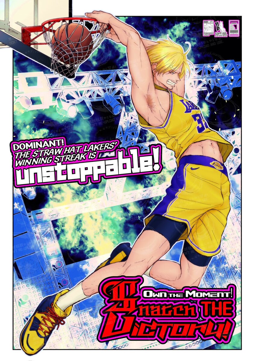 1boy ball basket basketball basketball_(object) basketball_hoop basketball_uniform blonde_hair english_text highres jyuuzou_401gou los_angeles_lakers male_focus national_basketball_association nike_(company) one_piece playing_sports sanji_(one_piece) slam_dunk_(basketball) solo sportswear toned toned_male