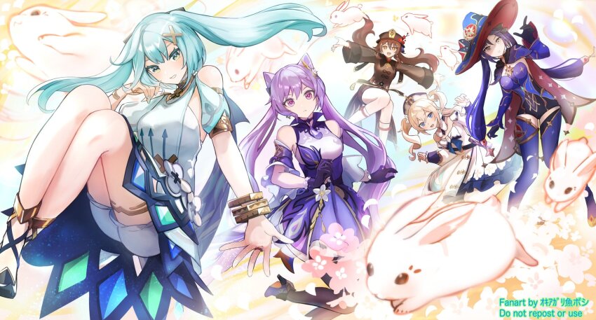 aqua_hair barbara_(genshin_impact) black_gloves blonde_hair blue_eyes blue_hair blue_leotard blue_thighhighs blush breasts brown_hair brown_pantyhose cone_hair_bun detached_sleeves double_bun dress drill_hair faruzan_(genshin_impact) flower flower-shaped_pupils genshin_impact gloves green_eyes hair_between_eyes hair_bun hair_ornament hat hat_flower high_heels highres hu_tao_(genshin_impact) keqing_(genshin_impact) leotard long_hair long_sleeves looking_at_viewer medium_breasts mona_(genshin_impact) multiple_girls okkobc open_mouth pantyhose purple_dress purple_eyes purple_hair rabbit red_eyes short_sleeves shorts smile symbol-shaped_pupils teeth thighhighs triangle-shaped_pupils twin_drills twintails upper_body very_long_hair white_dress white_shorts witch_hat x_hair_ornament