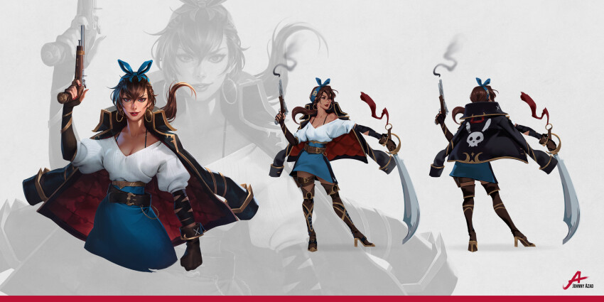 1girl antique_firearm asymmetrical_dual_wielding blue_ribbon blue_skirt breasts brown_hair reference_sheet cleavage coat coat_on_shoulders commentary cutlass dual_wielding earrings english_commentary firearm firelock flintlock full_body gun high_heels highres holding holding_gun holding_sword holding_weapon hoop_earrings jewelry johnny_azad looking_at_viewer medium_breasts multiple_views original pirate pirate_costume ponytail rabbit_symbol red_eyes red_lips ribbon signature simple_background skirt smoke smoke_trail sweater sword upper_body weapon white_sweater