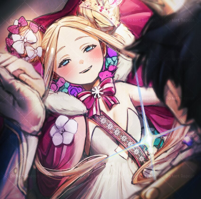 1boy 1girl abigail_williams_(fate) abigail_williams_(santa)_(fate) bare_shoulders black_hair blonde_hair blue_eyes blush bow breasts cloak commentary crown dancing double_bun dress english_commentary fate/grand_order fate_(series) forehead fujimaru_ritsuka_(male) fujimaru_ritsuka_(male)_(halloween_royalty) fur-trimmed_cloak fur_trim hair_bow hair_bun highres hiyayaako long_hair open_mouth parted_bangs red_bow red_cloak sash short_hair sidelocks small_breasts smile stuffed_animal stuffed_toy teddy_bear tiara very_long_hair white_bow white_dress