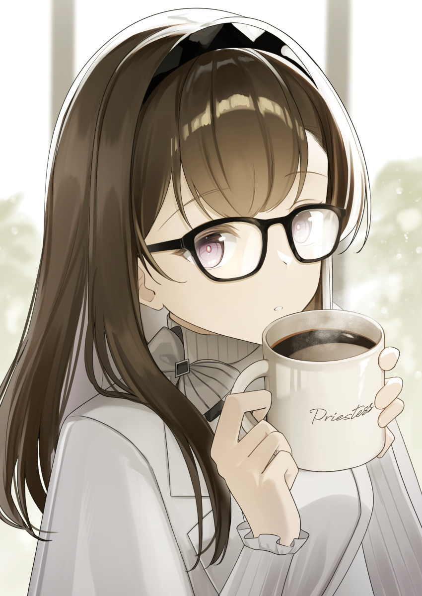 1girl absurdres arknights black-framed_eyewear black_hairband brown_hair coat coffee coffee_mug cup glasses grey_eyes hairband highres holding holding_cup long_hair long_sleeves mug nishimiya_aki parted_lips priestess_(arknights) solo sweater turtleneck turtleneck_sweater upper_body white_coat white_sweater
