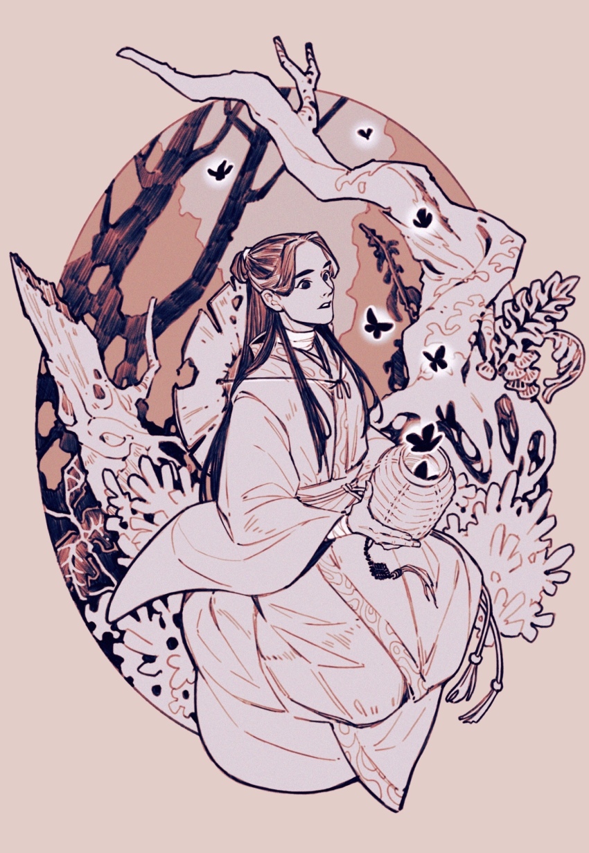 1boy arm_wrap bandaged_arm bandaged_neck bandages black_butterfly black_eyes border brown_background brown_hair brown_sky brown_theme bug butterfly chinese_clothes fiona_fu forest glowing_butterfly hair_bun hanfu hat hat_on_back highres holding holding_lantern insect lantern log long_hair long_sleeves male_focus monochrome muted_color nature open_mouth outdoors oval oval_background paper_lantern parted_bangs plant rice_hat sepia single_hair_bun sitting solo tianguan_cifu tree white_hanfu xie_lian