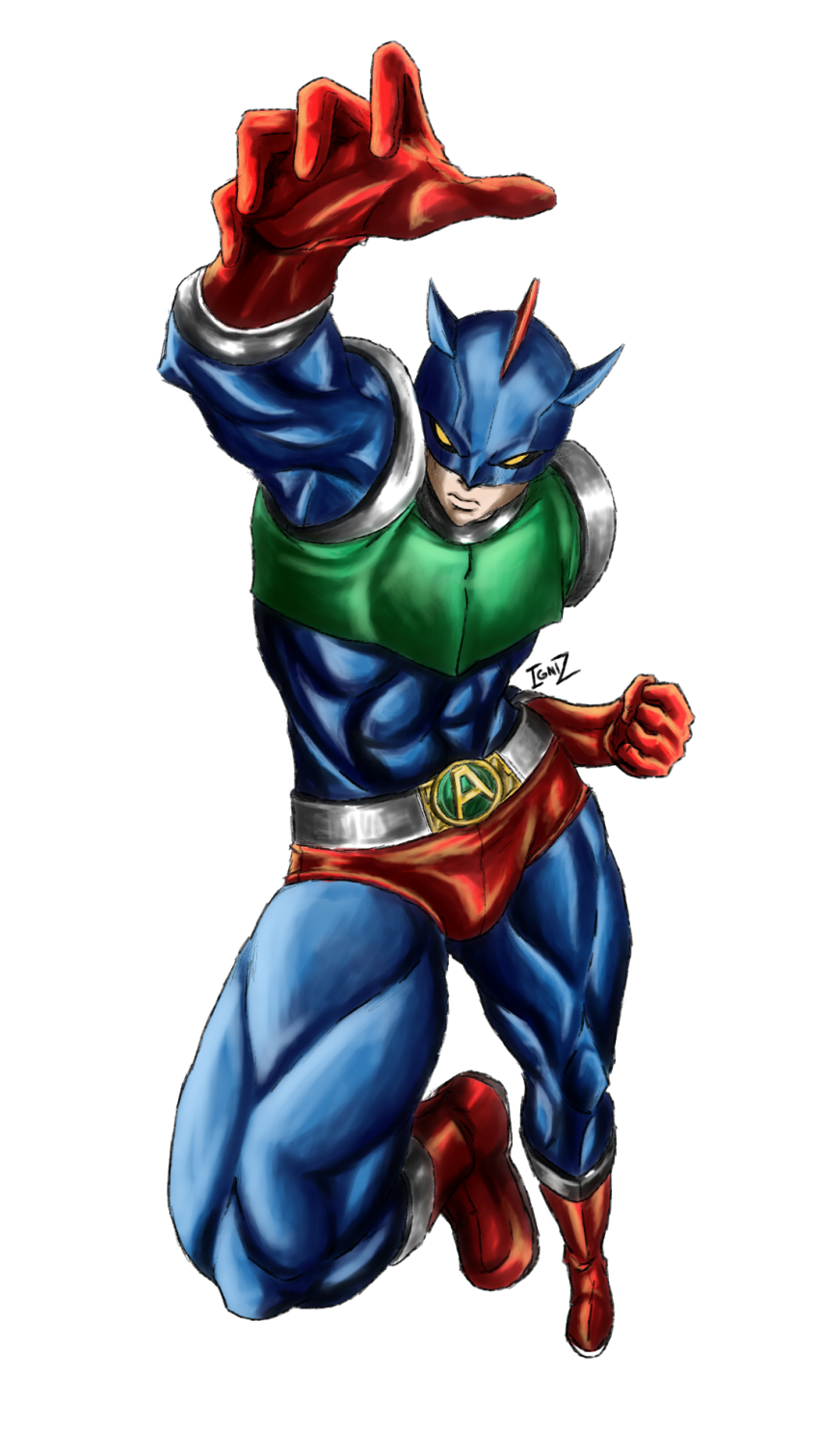 1boy action_kamen belt blue_bodysuit bodysuit crayon_shin-chan gloves helmet highres male_focus male_swimwear masked red_gloves red_male_swimwear solo