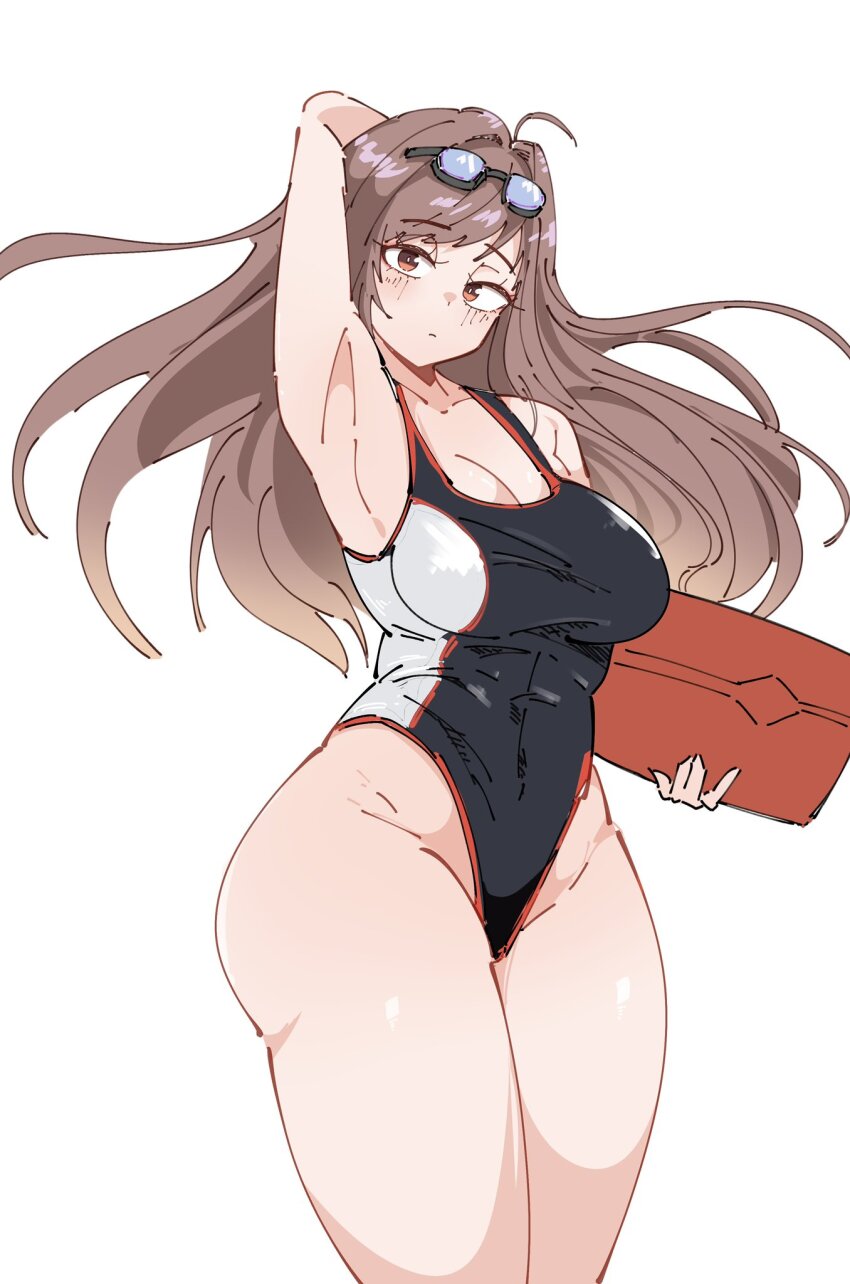 1girl black_one-piece_swimsuit brown_hair cain_lk competition_swimsuit goddess_of_victory:_nikke goggles goggles_on_head highleg highleg_one-piece_swimsuit highres long_hair official_alternate_costume one-piece_swimsuit rapi_(classic_vacation)_(nikke) rapi_(nikke) simple_background solo swimsuit two-tone_swimsuit white_background