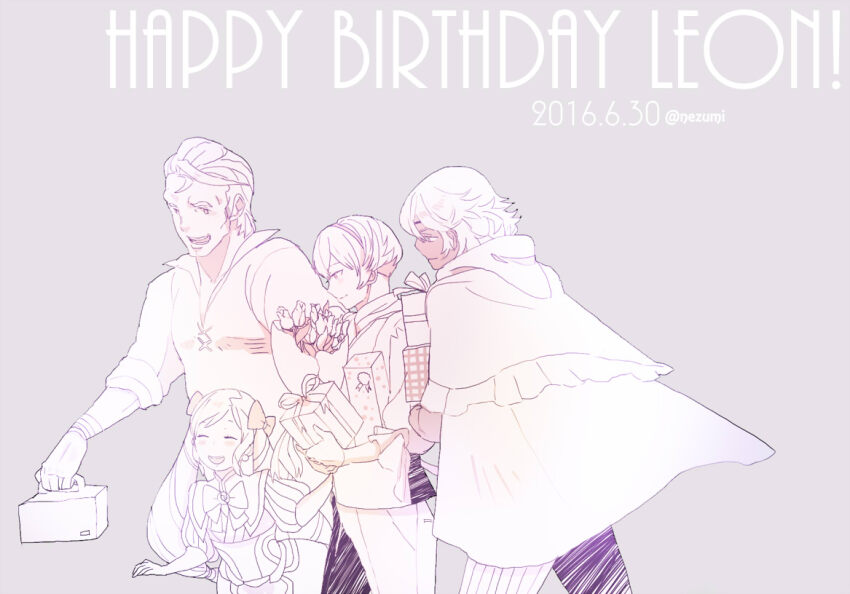 1girl 3boys arthur_(fire_emblem_fates) bouquet bow box character_name dated earrings elise_(fire_emblem) fire_emblem fire_emblem_fates flower gift gift_box hair_bow happy_birthday holding holding_bouquet holding_gift jewelry leo_(fire_emblem_fates) multiple_boys niles_(fire_emblem) nintendo saito_(nezumiiro)