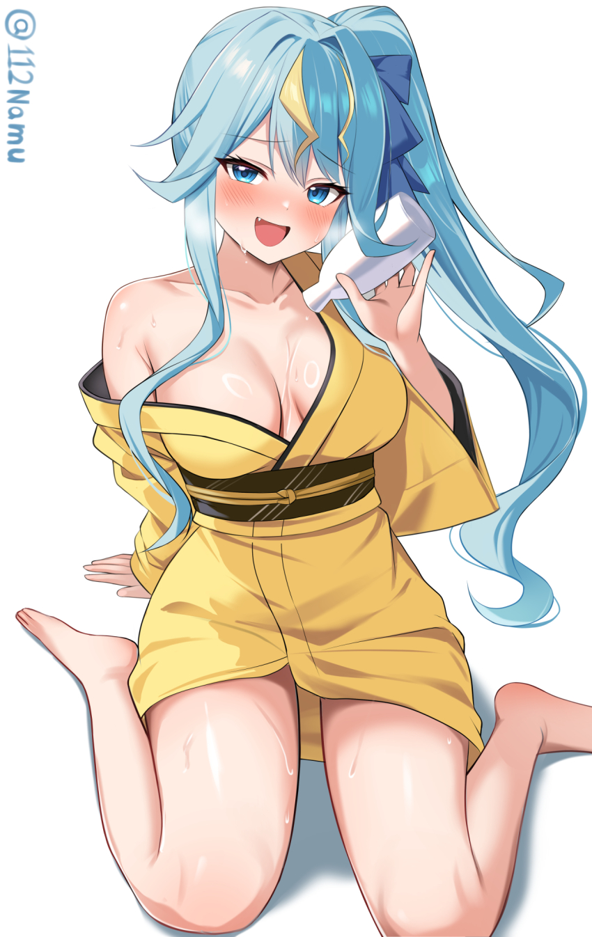 1girl :d arm_support barefoot blonde_hair blue_hair breasts choko_(cup) collarbone commission cup fang feet hair_between_eyes hair_ribbon highres japanese_clothes kaminari_clara kimono long_hair medium_breasts multicolored_hair namu_(112namu) off_shoulder open_clothes open_mouth phase_connect pixiv_commission pouring pouring_onto_self ribbon side_ponytail sidelocks simple_background sitting smile solo streaked_hair thighs toes twitter_username two-tone_hair very_long_hair virtual_youtuber wariza white_background wide_sleeves yellow_kimono