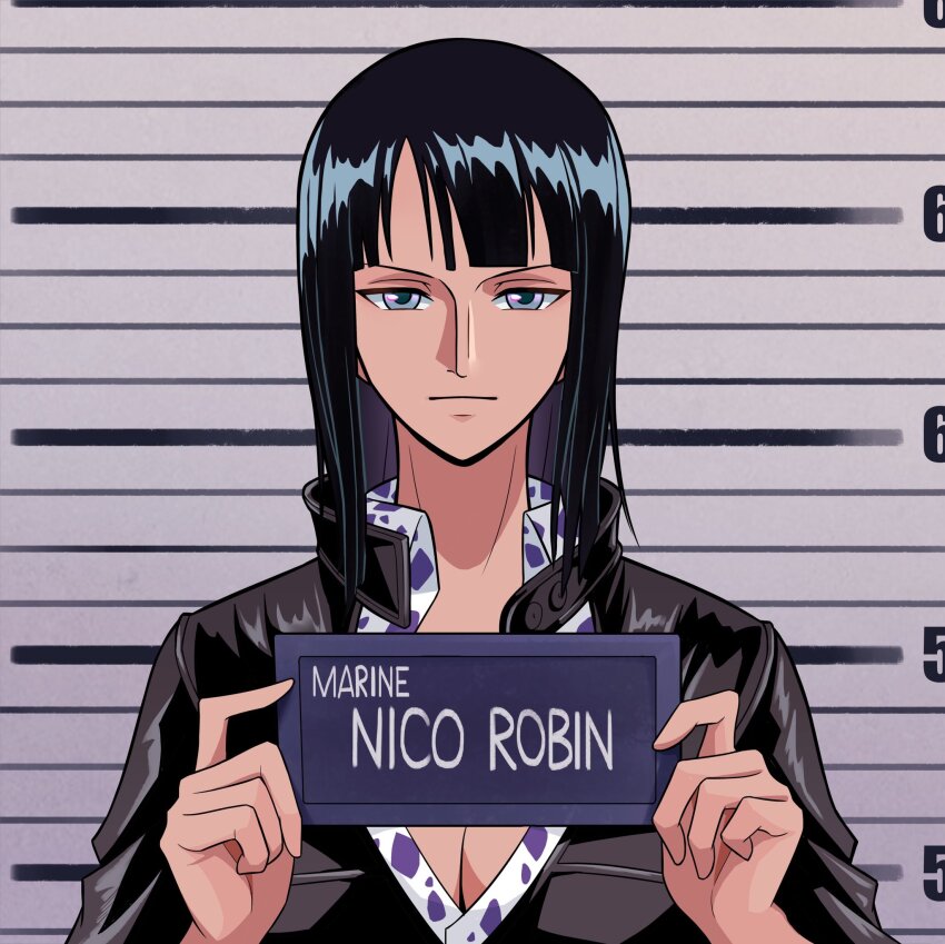 1girl barbie_(franchise) barbie_(live_action) barbie_mugshot_(meme) black_dress black_hair blue_eyes blunt_bangs breasts character_name cleavage closed_mouth collared_shirt dress hashtag-only_commentary height_chart highres holding leather_dress light_smile looking_at_viewer medium_hair meme miuny mugshot nico_robin nico_robin_(water_7) official_alternate_costume one_piece shirt solo upper_body