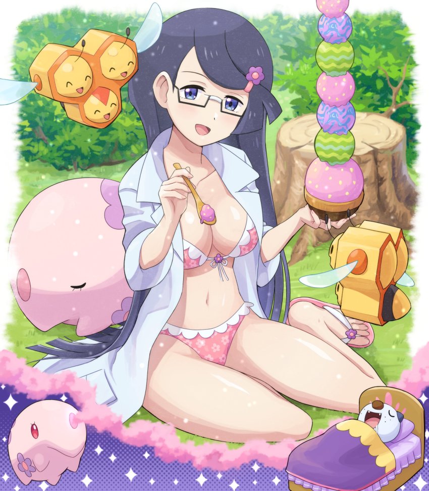 1girl absurdres bikini black-framed_eyewear black_hair blue_eyes bowl breasts bush cleavage collarbone combee commentary_request day fennel_(pokemon) flip-flops food gen_4_pokemon gen_5_pokemon glasses grass hair_ornament head_tilt highres holding holding_bowl holding_spoon ice_cream lab_coat long_hair looking_at_viewer medium_breasts munna navel nintendo open_mouth oshawott outdoors pink_bikini pink_sandals pokemoa pokemon pokemon_(creature) pokemon_bw sandals sitting sleeping smile spoon swimsuit toes tongue tree_stump