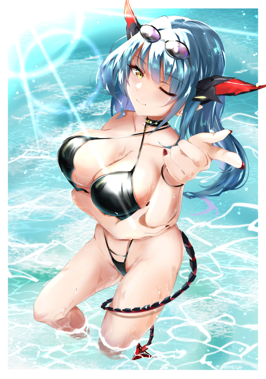 1girl azur_lane bare_shoulders black_one-piece_swimsuit blue_hair blush breasts cleavage closed_mouth commentary_request eyewear_on_head highres horns large_breasts long_hair looking_at_viewer nail_polish official_alternate_costume okame._(okame124) one-piece_swimsuit one_eye_closed partially_submerged pointing pointing_at_viewer regensburg_(azur_lane) regensburg_(dark_dragon_brilliant_beach)_(azur_lane) smile solo standing sunglasses swimsuit thighs water yellow_eyes